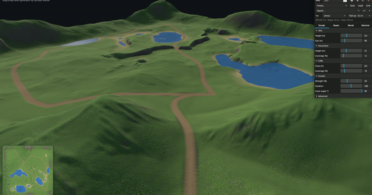 3D terrain with lakes, rivers and roads, 2D heightmap preview and parameter panel